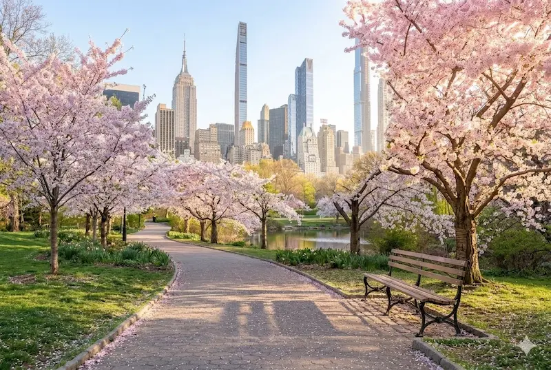 Central Park in spring – cherry blossoms and a quiet paved path on a sunny morning in NYC