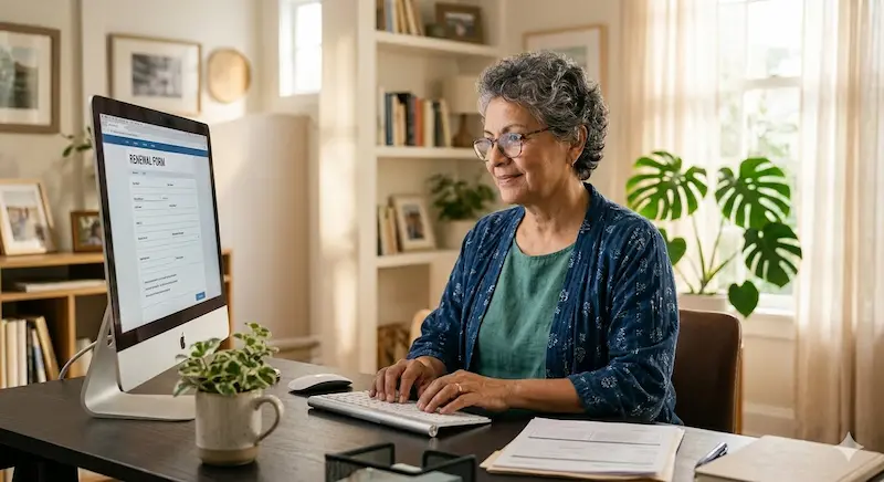 NYC senior homeowner eligibility requirements: A woman checking her eligibility for the 2026 NYC property tax exemption online.