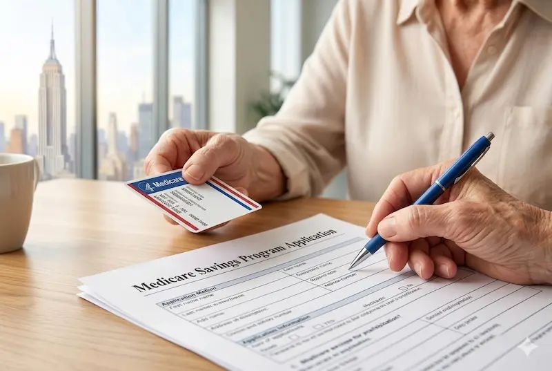 Medicare Savings Program application form and Medicare card on a desk