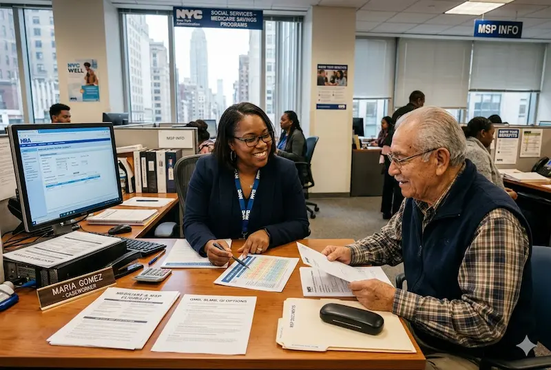 NYC caseworker helping a senior apply for Medicare Savings Program