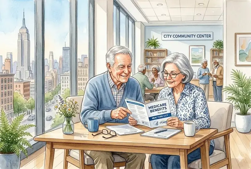 Medicare Savings Program NYC – elderly couple reviewing Medicare paperwork at a New York City community center