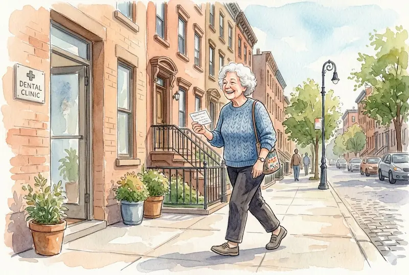 Does Medicare cover dental and vision? An elderly woman leaves a NYC dental clinic after receiving free dental care through Medicare alternative programs.