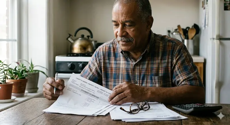 NYC senior homeowner eligibility requirements: A senior man reviewing 2026 SCHE qualification documents at home.
