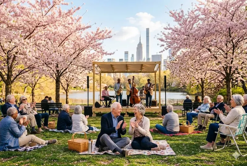 free spring events NYC seniors 2026 couple walking in park