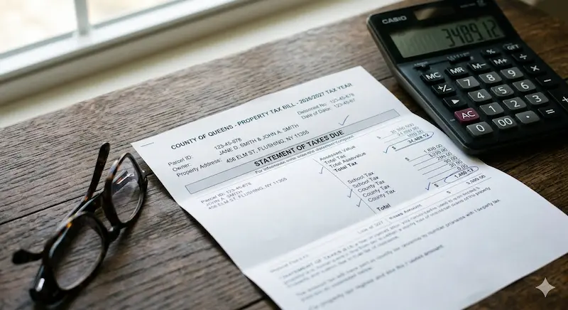 NYC senior property tax exemption: A close-up of a property tax bill and calculator for 2026 SCHE.