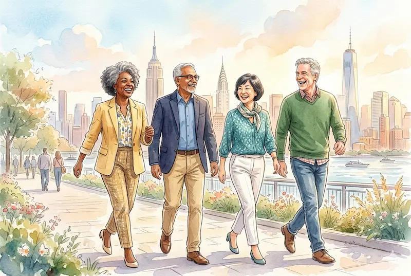 AARP job resources for NYC seniors featured image showing a warm and bright watercolor illustration of diverse older adults walking confidently and smiling in front of a soft New York City skyline.
