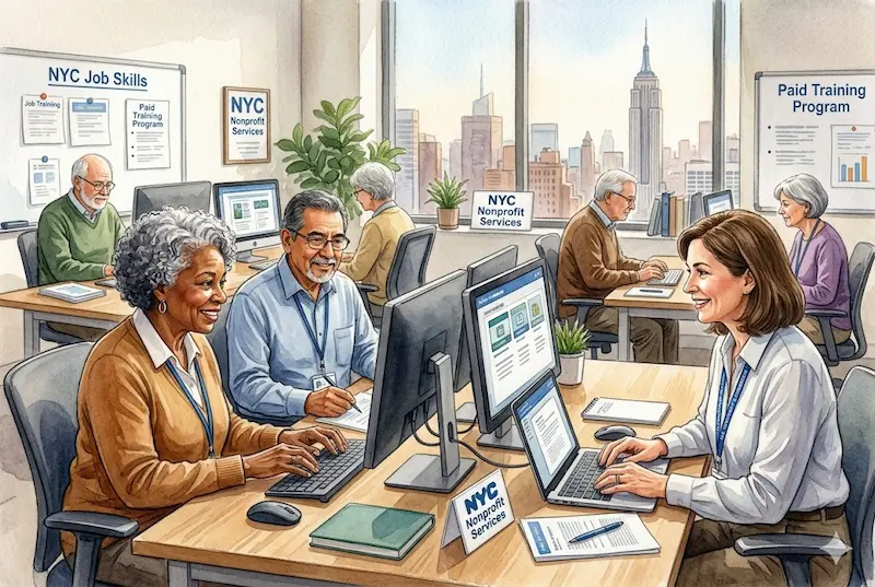 NYC SCSEP paid job training for seniors in New York City, older adults learning workplace and computer skills, watercolor illustration
